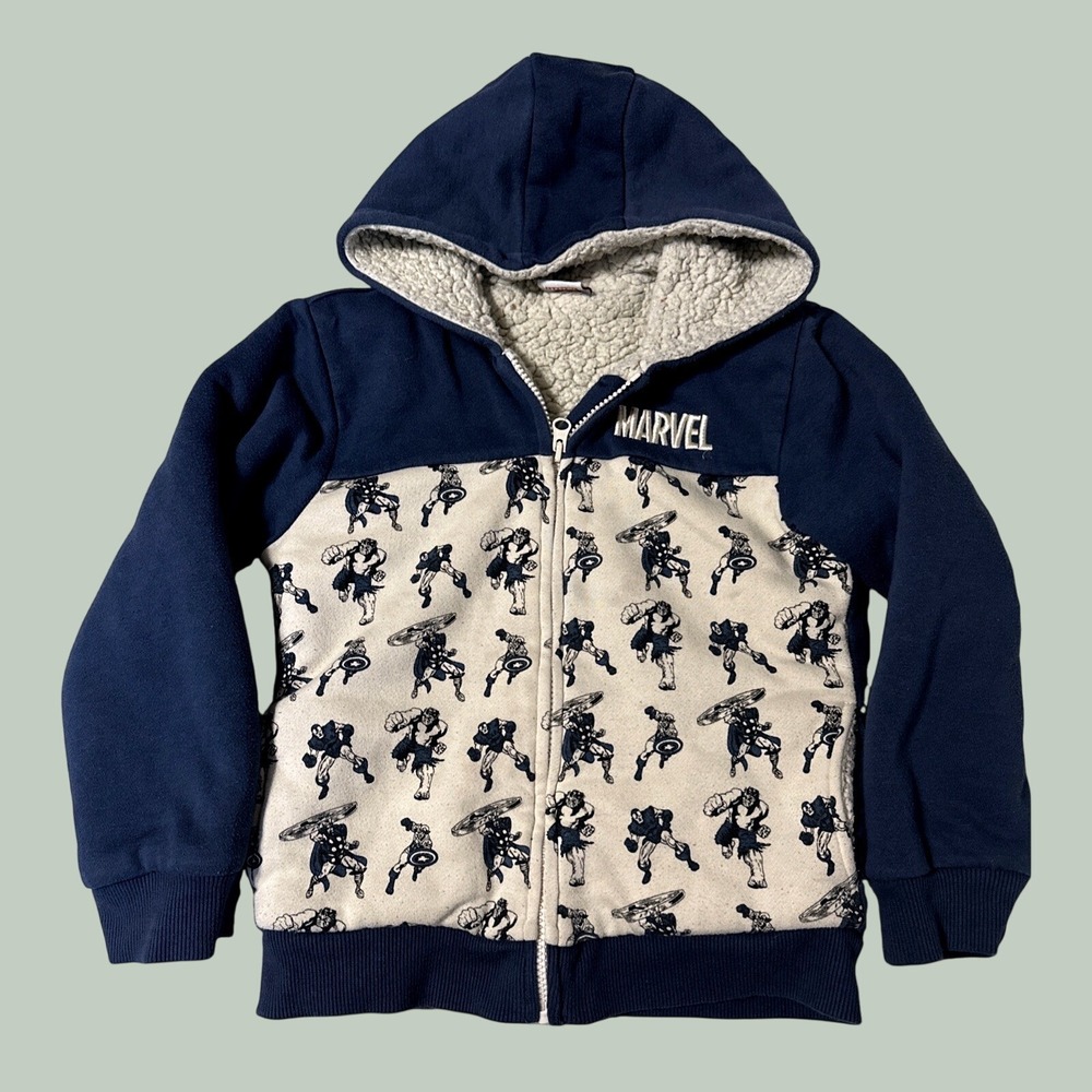 Marvel Avengers Boys Sherpa Lined Zip Up Hoodie Blue Cream Comic Print Jacket